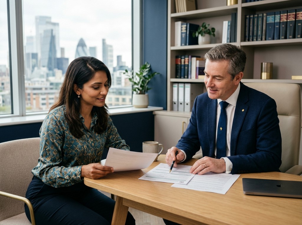 Manchester Associates consultation — advisers reviewing documents together in a modern office